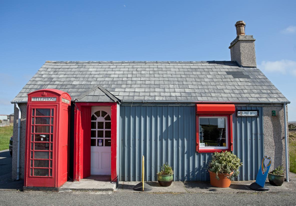 A red phone box on Lewis