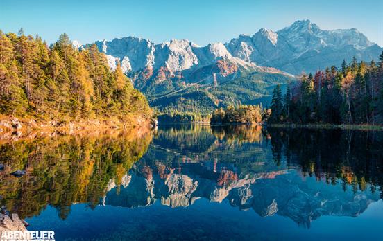 The idyllic Eibsee at the foot of the Zugspitze