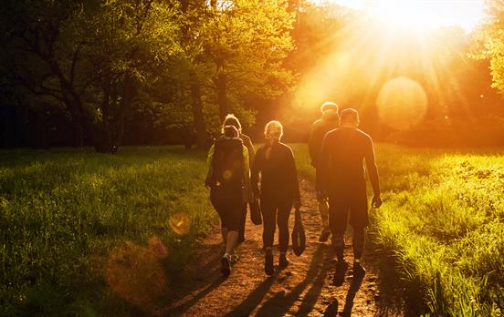 Wanderer genießen die untergehende Sonne