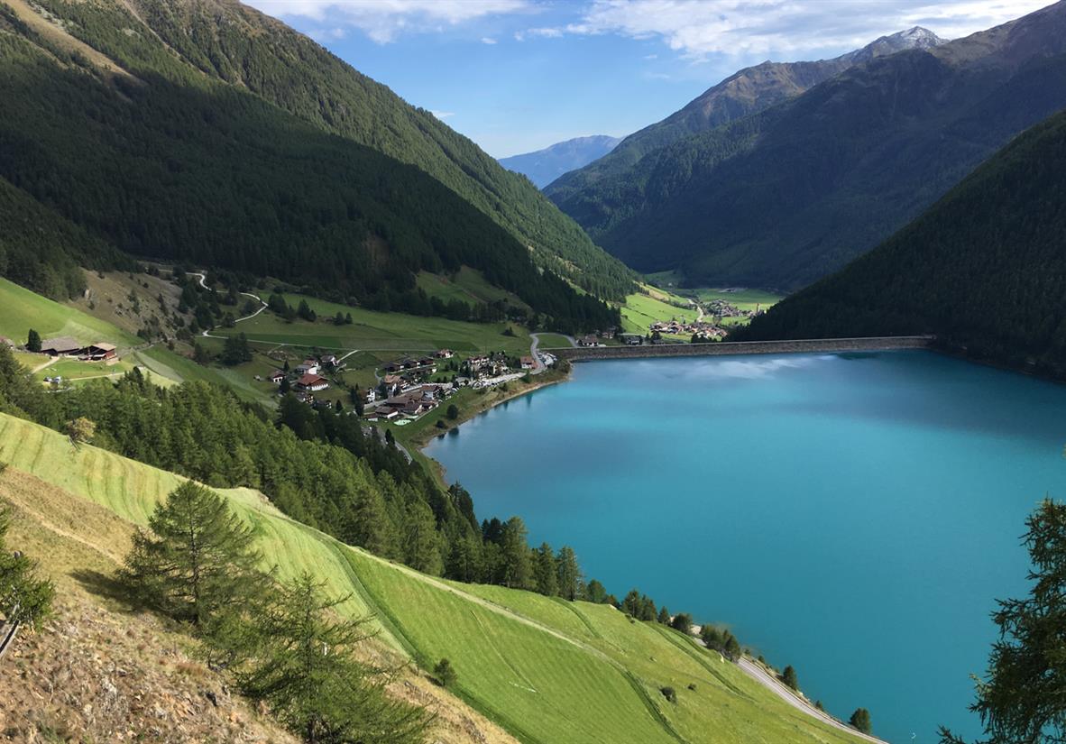 The turquoise-blue waters of Lake Vernago