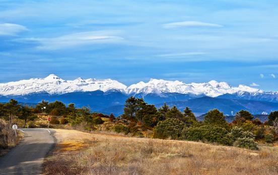 The snow-capped Pyrenees in the distance
