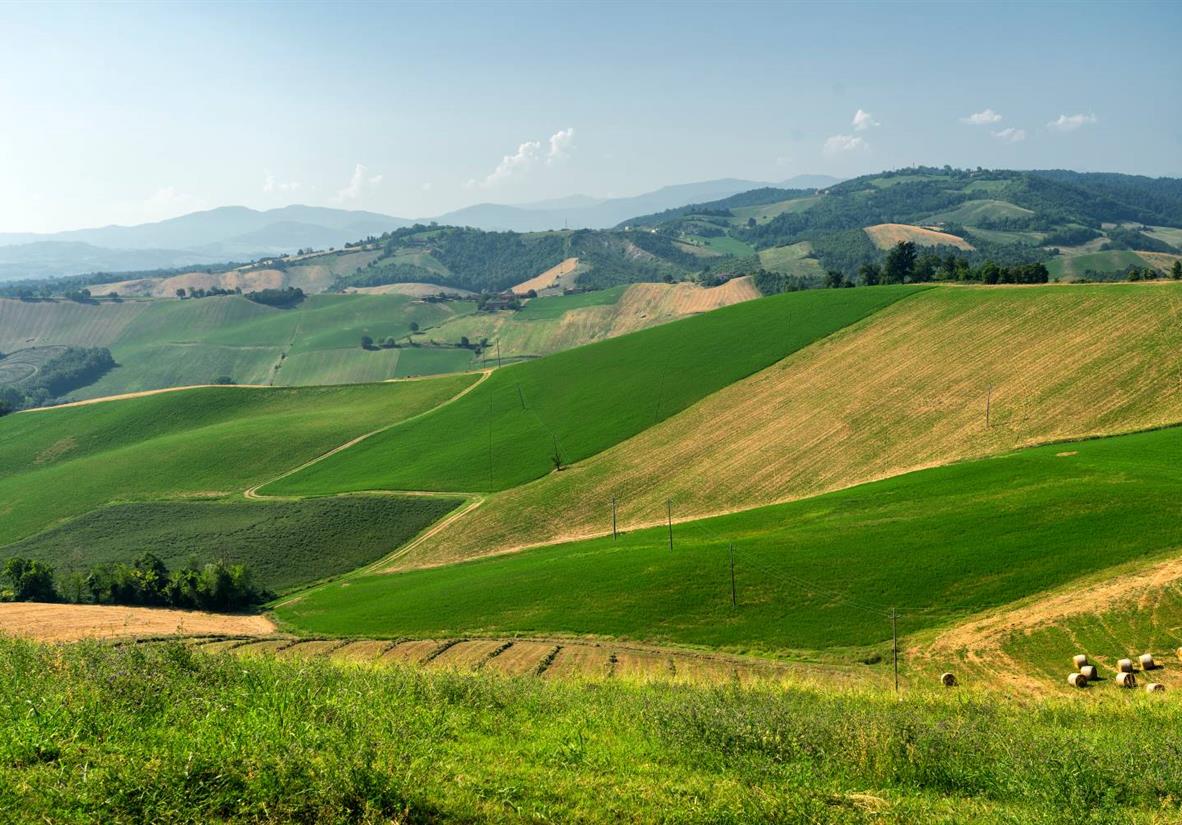 Rolling countryside and the Apennines