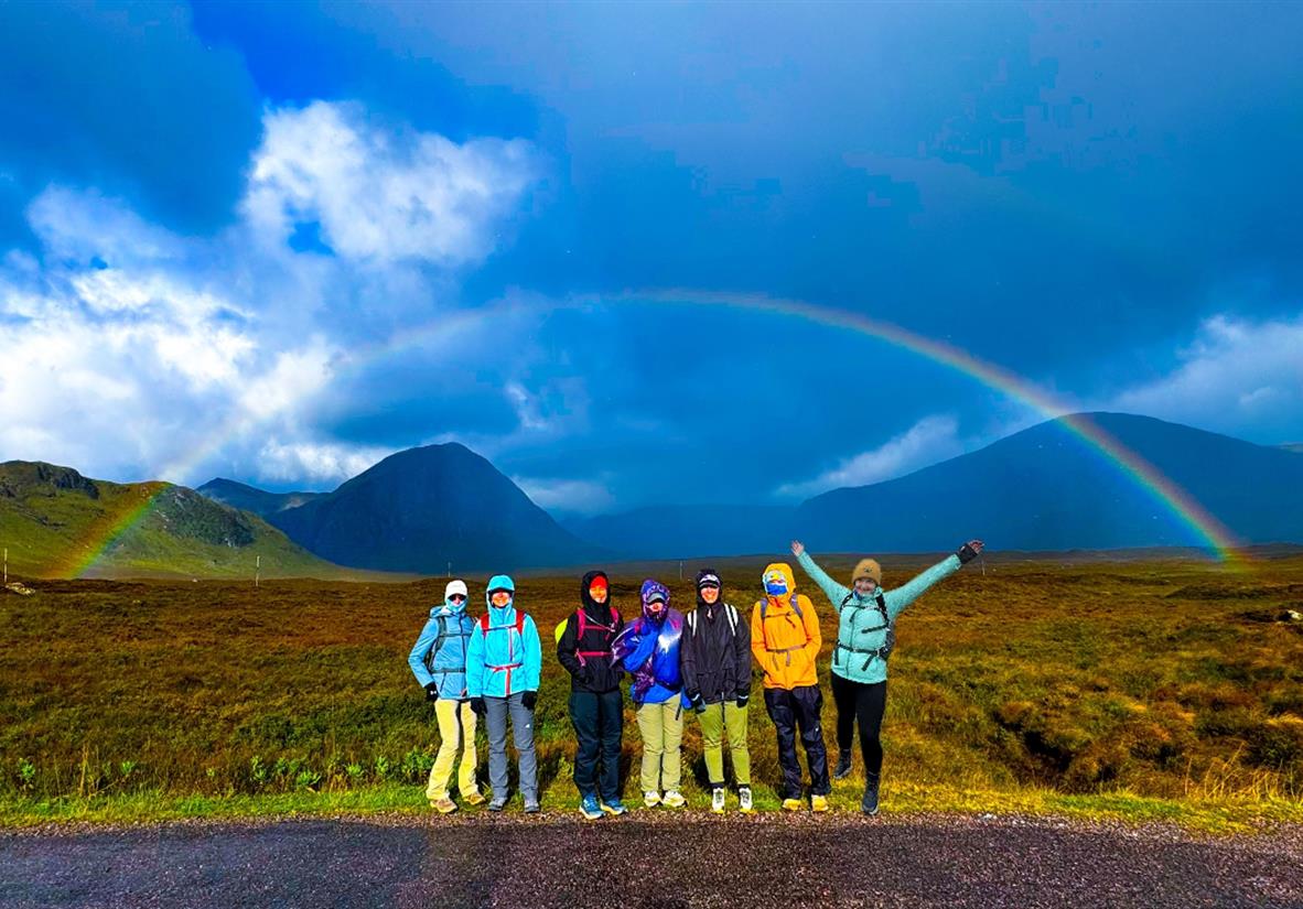 Group of walkers in rainbow